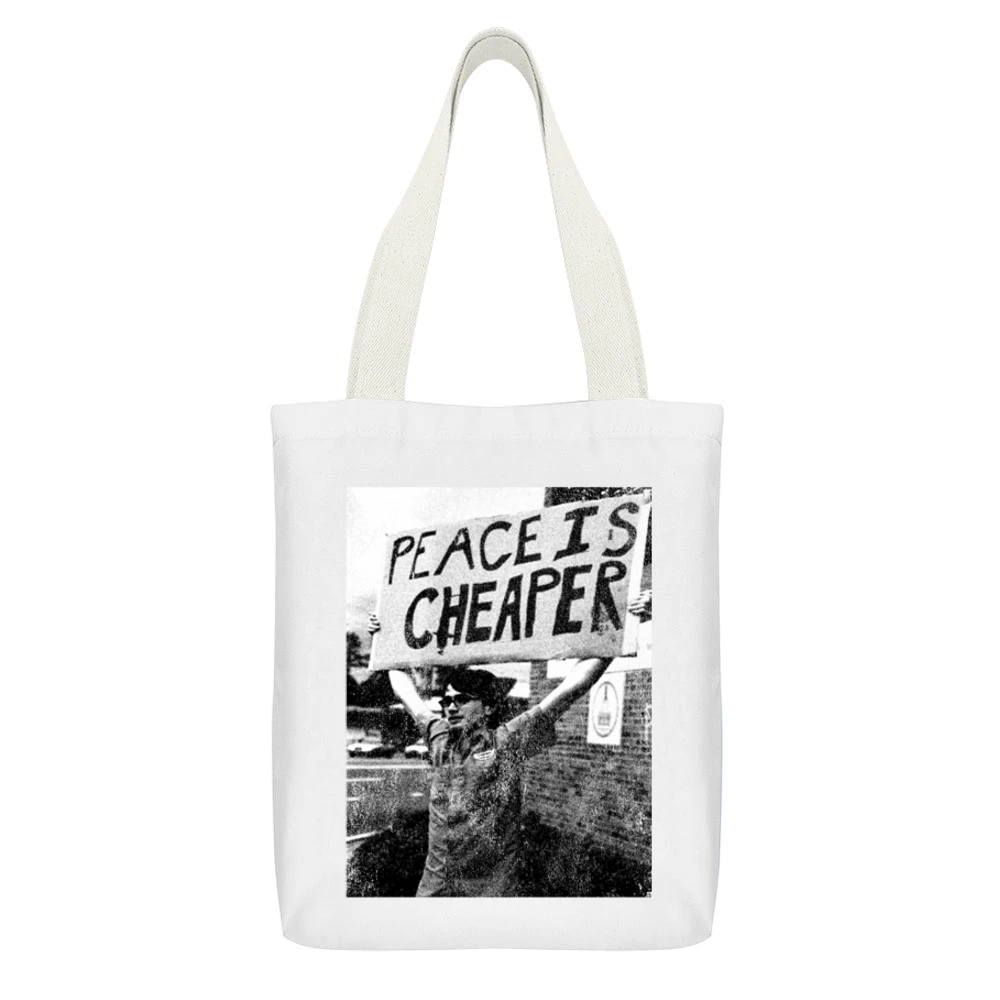 Peace Is Cheaper Vintage Distressed Cool Protest End War Violence Grap White Canvas Tote Shopping Bag With Interior Pocket