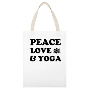 Peace Love And Yoga Fun Spiritual Yogi Graphic Lotus Tee Shirt White Canvas Tote Shopping Bag