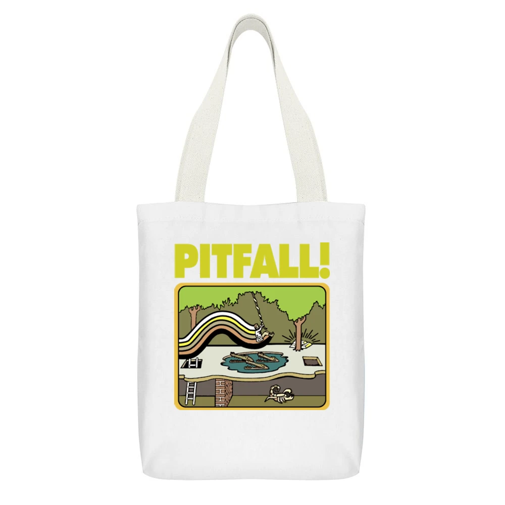 Pitfall Atari White Canvas Tote Shopping Bag With Interior Pocket