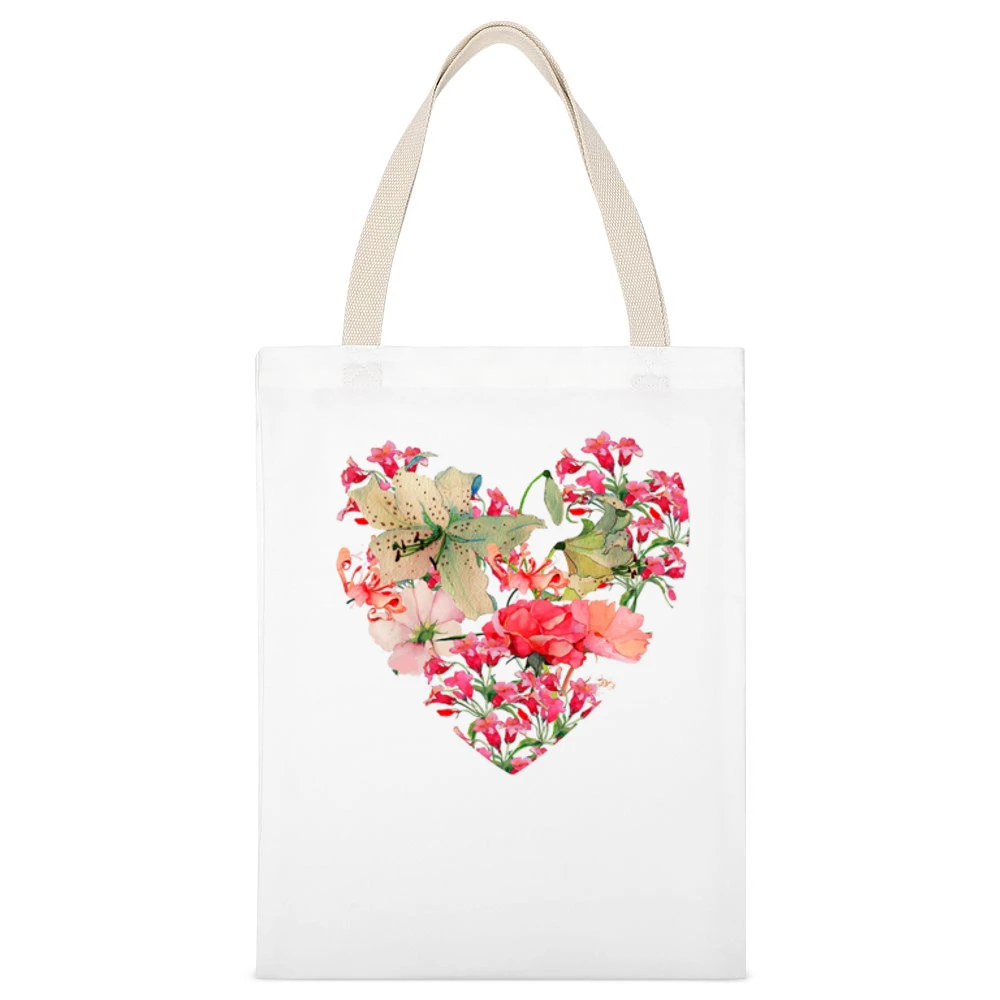 Pretty Flowers Heart Graphic Tee Shirt White Canvas Tote Shopping Bag