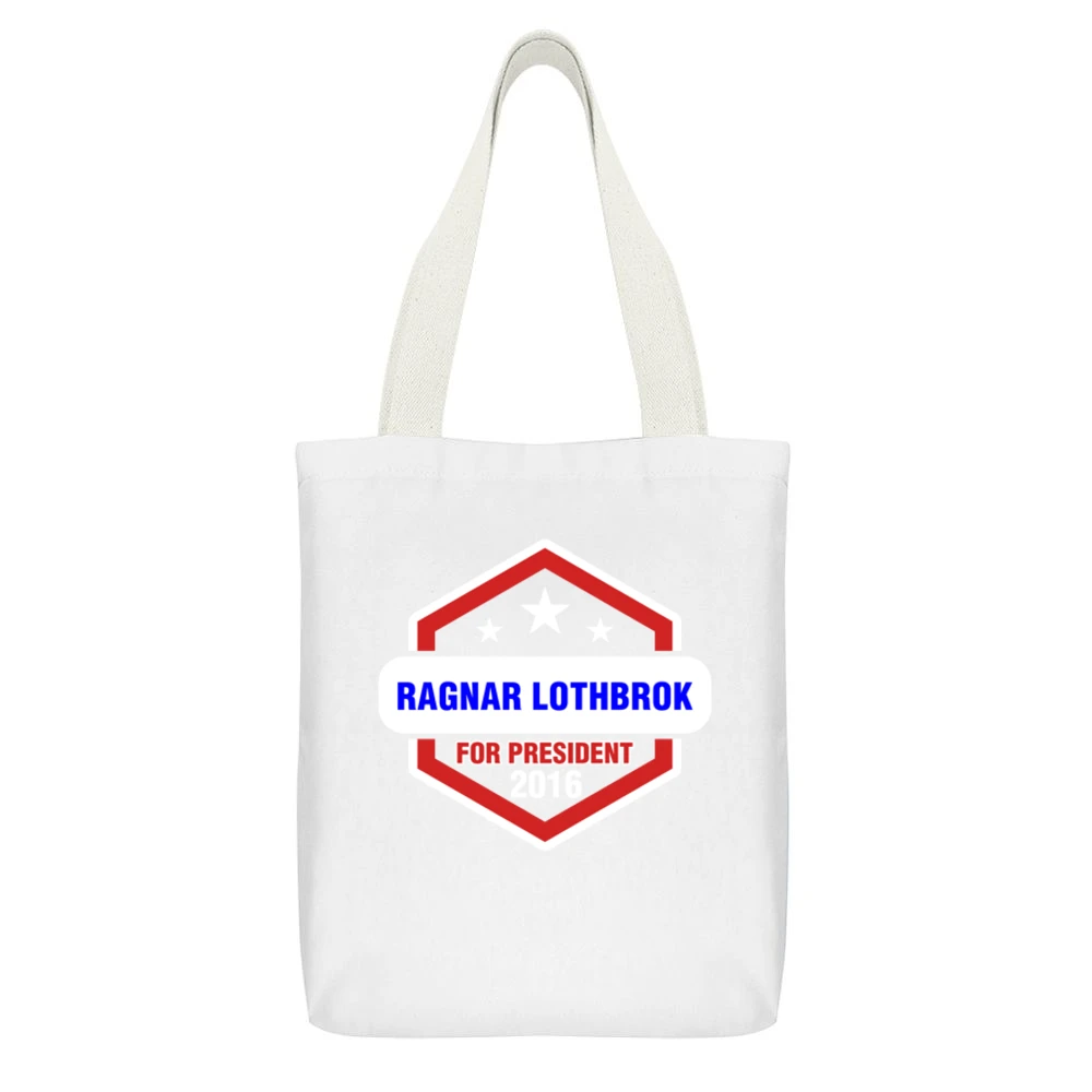 Ragnar Lothbrok For President 2016 Vikings TV Show White Canvas Tote Shopping Bag With Interior Pocket