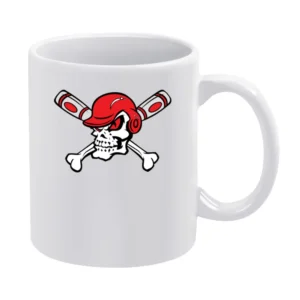 Red Eyed Baseball Skull Wearing Helmet Crossed Bats White Mug