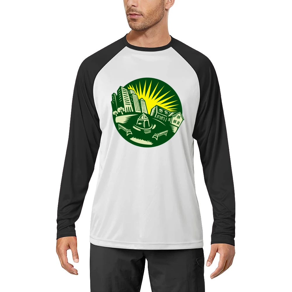 Retro Green Circle Urban Landscape And Park With A Yellow Sun Men Long Sleeve T-Shirt