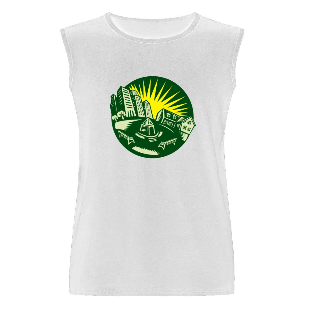 Retro Green Circle Urban Landscape And Park With A Yellow Sun Men Sleeveless T-Shirt