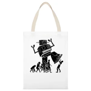 Robot Evolution Terror Funny Parody White Canvas Tote Shopping Bag