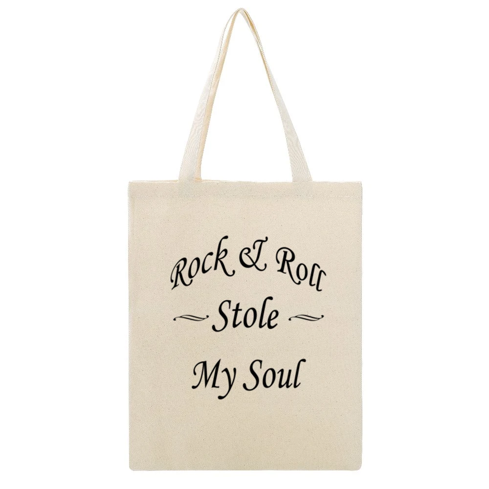 Rock And Roll Stole My Soul Graphic Beige Canvas Tote Shopping Bag