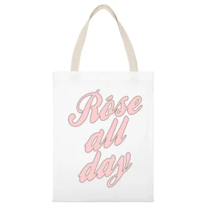 Rose All Day Fun Wine Lover Graphic Tee Shirt White Canvas Tote Shopping Bag