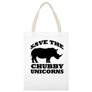 Save The Chubby Unicorns Funny Rhinoceros Graphic Tee Shirt White Canvas Tote Shopping Bag