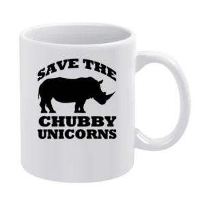 Save The Chubby Unicorns Funny Rhinoceros Graphic Tee Shirt White Mug