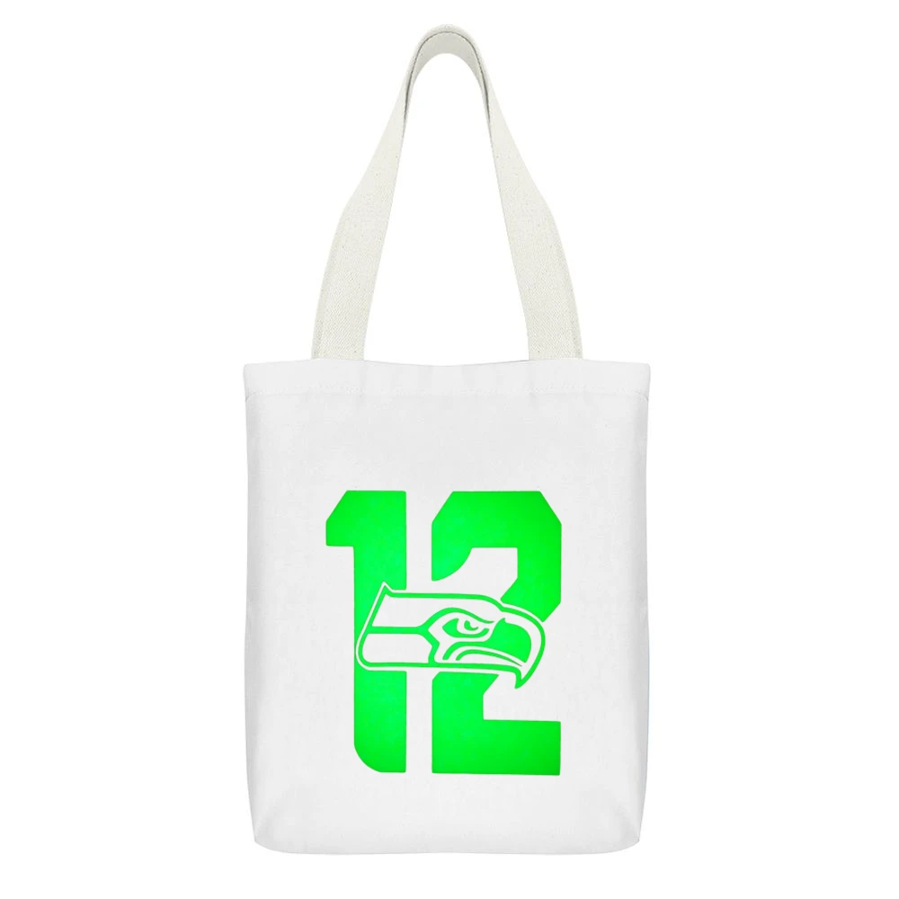 Seahawks 12th Man Tshirt White Canvas Tote Shopping Bag With Interior Pocket