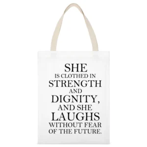 She Is Clothed In Strength Dignity Inspirational Ladies Graphic T Shir White Canvas Tote Shopping Bag