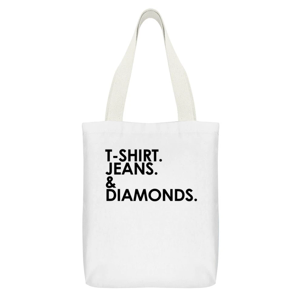 Shirt Jeans And Diamonds Fun Graphic White Canvas Tote Shopping Bag With Interior Pocket
