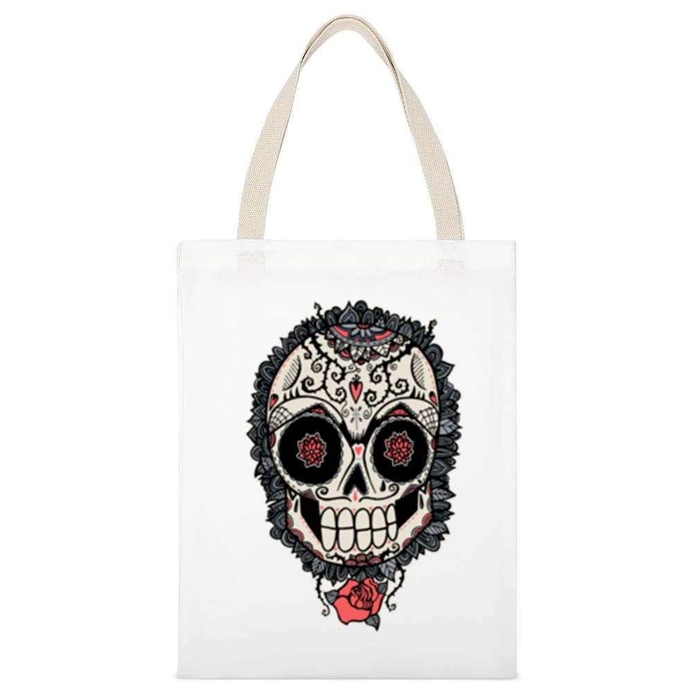 Skeleton Dia De Los Muertos Hearts Roses Design Graphic Tee Shirt White Canvas Tote Shopping Bag