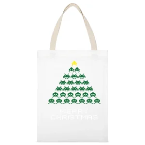 Space Invaders Merry Christmas Funny Retro Video Game Fan Holiday Red White Canvas Tote Shopping Bag