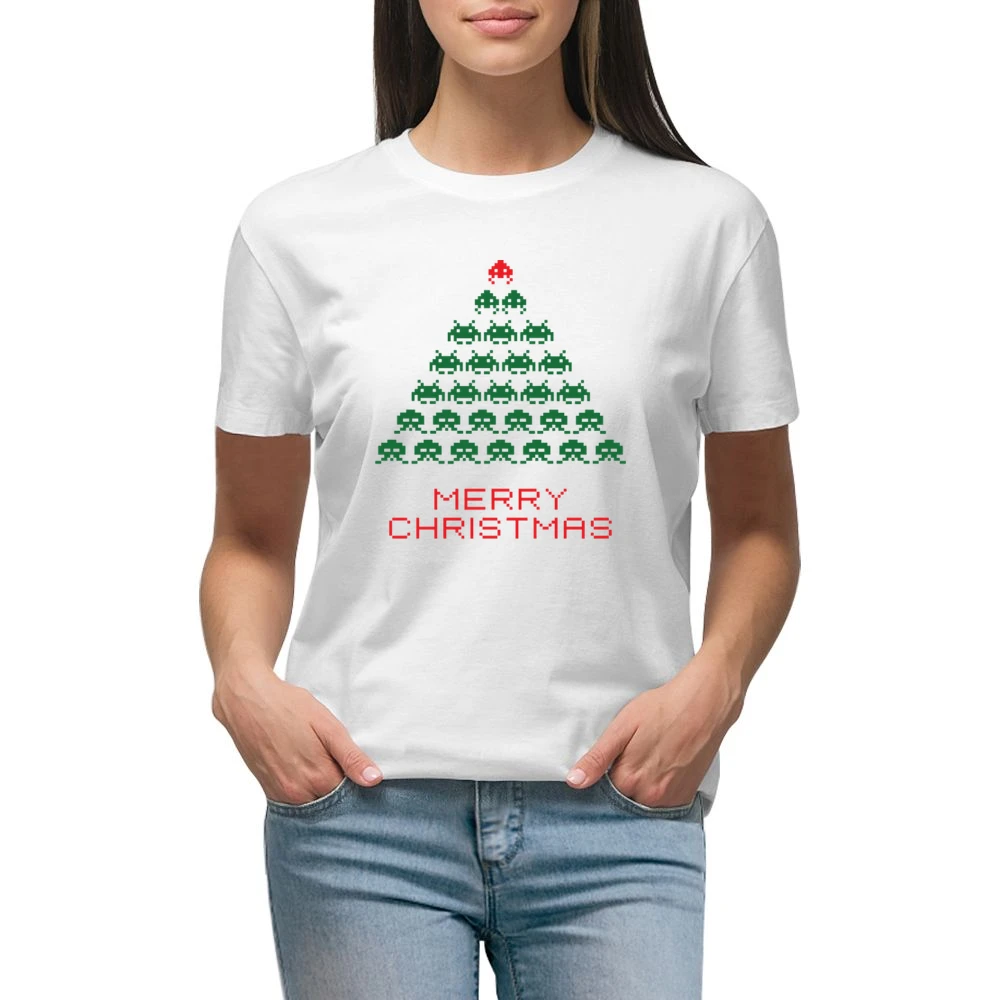 Space Invaders Merry Christmas Funny Retro Video Game Fan Holiday T Sh Premium Women Ladies T-shirt