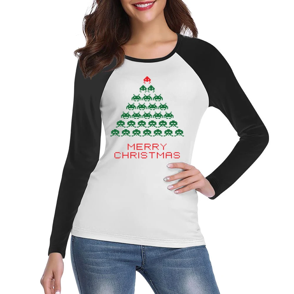 Space Invaders Merry Christmas Funny Retro Video Game Fan Holiday T Sh Women Ladies Long Sleeve T-Shirt