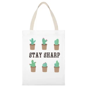 Stay Sharp Fun Cute Cactus Graphic TShirt White Canvas Tote Shopping Bag