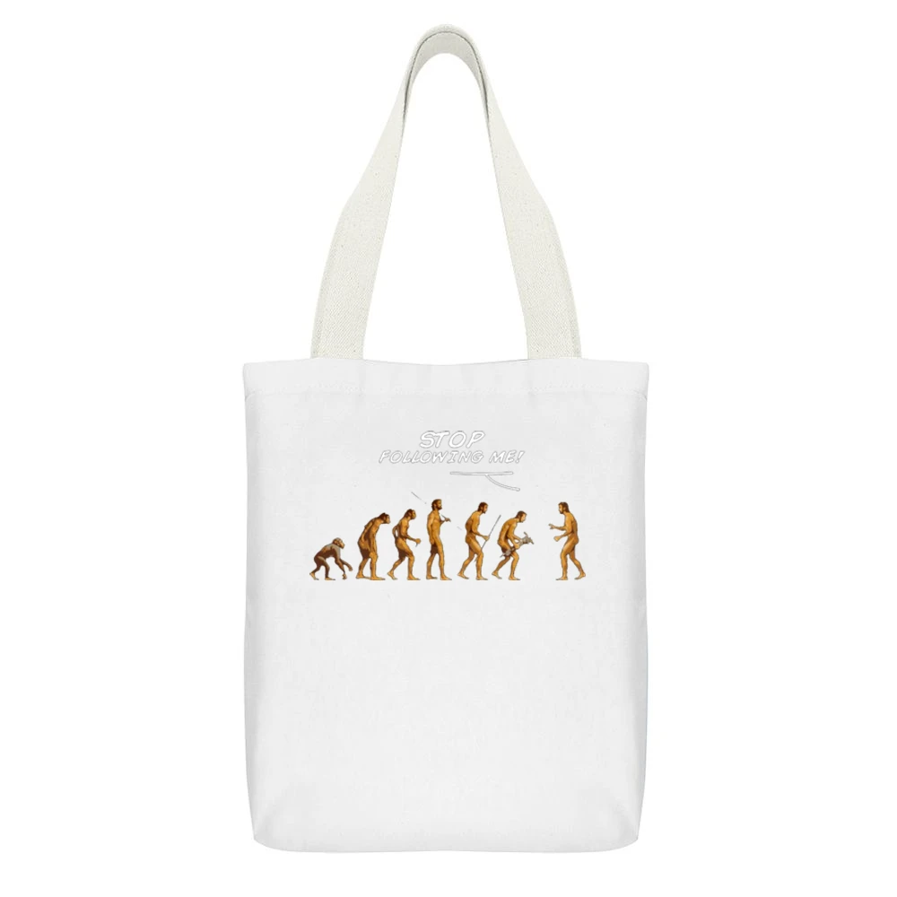 Stop Following Me Evolution White Canvas Tote Shopping Bag With Interior Pocket