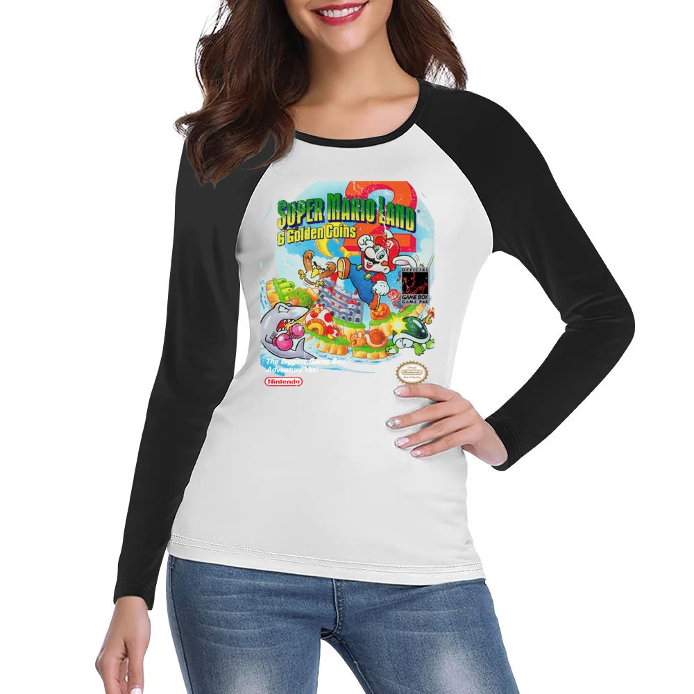 Super Mario Land 2 6 Golden Coins Game Boy Nintendo Old School Retro V Women Ladies Long Sleeve T-Shirt