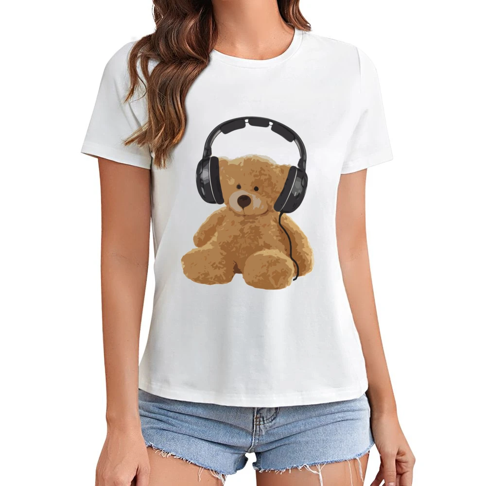 Teddy Bear With Headphones Fun Music Lover Graphic Asian Size Women Ladies T-shirt