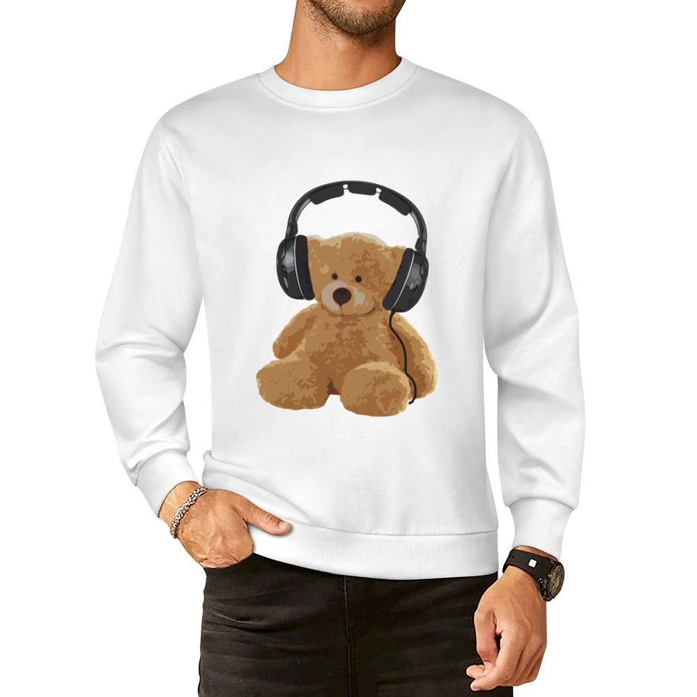 Teddy Bear With Headphones Fun Music Lover Graphic European Size Pullover Sweater