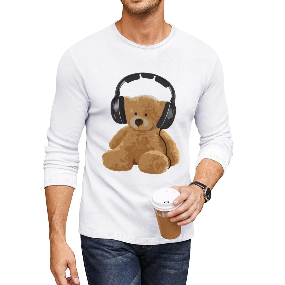 Teddy Bear With Headphones Fun Music Lover Graphic Men CrewNeck Long Sleeve T-Shirt