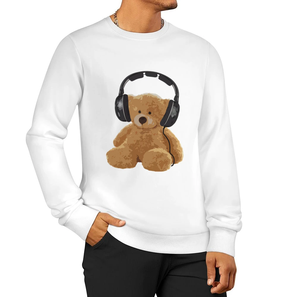 Teddy Bear With Headphones Fun Music Lover Graphic Men Pullover Sweatshirt