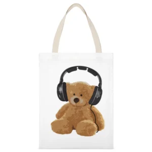 Teddy Bear With Headphones Fun Music Lover Graphic White Canvas Tote Shopping Bag