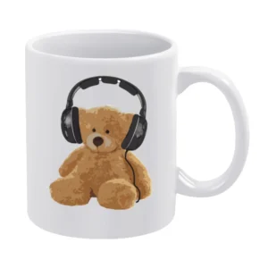 Teddy Bear With Headphones Fun Music Lover Graphic White Mug