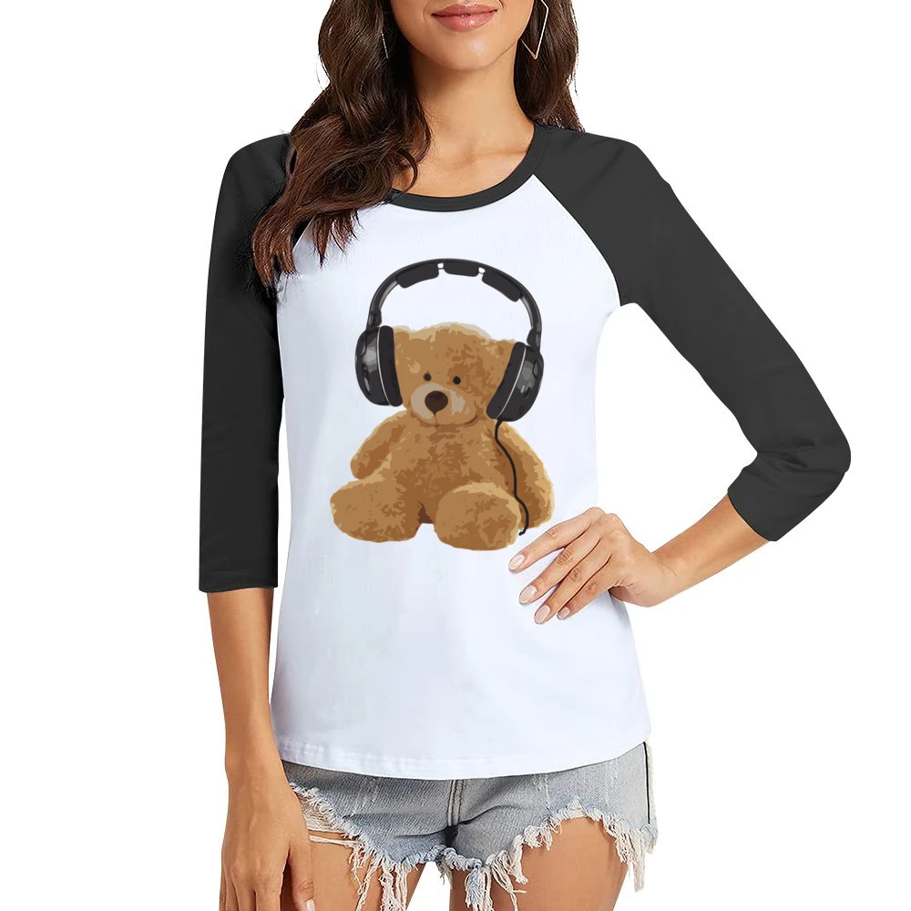 Teddy Bear With Headphones Fun Music Lover Graphic Women Ladies 3-4 Sleeve T-Shirt