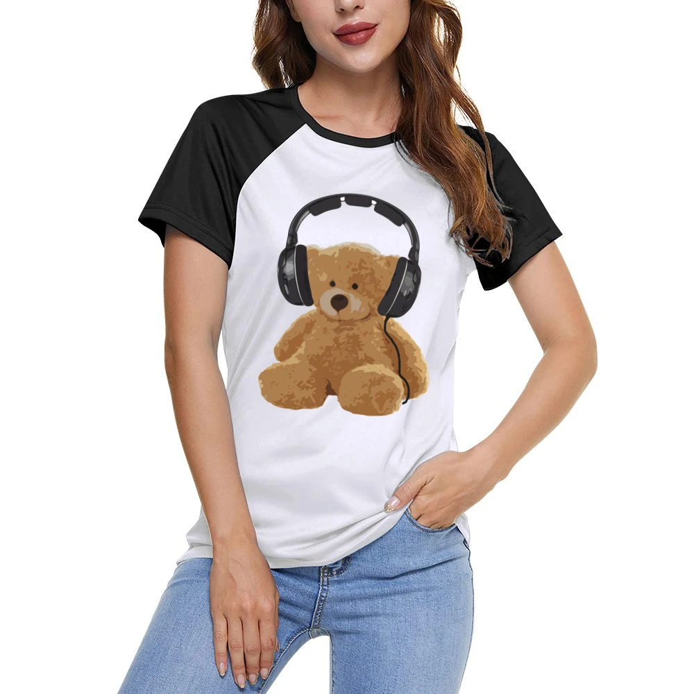 Teddy Bear With Headphones Fun Music Lover Graphic Women Ladies Short Sleeve T-Shirt