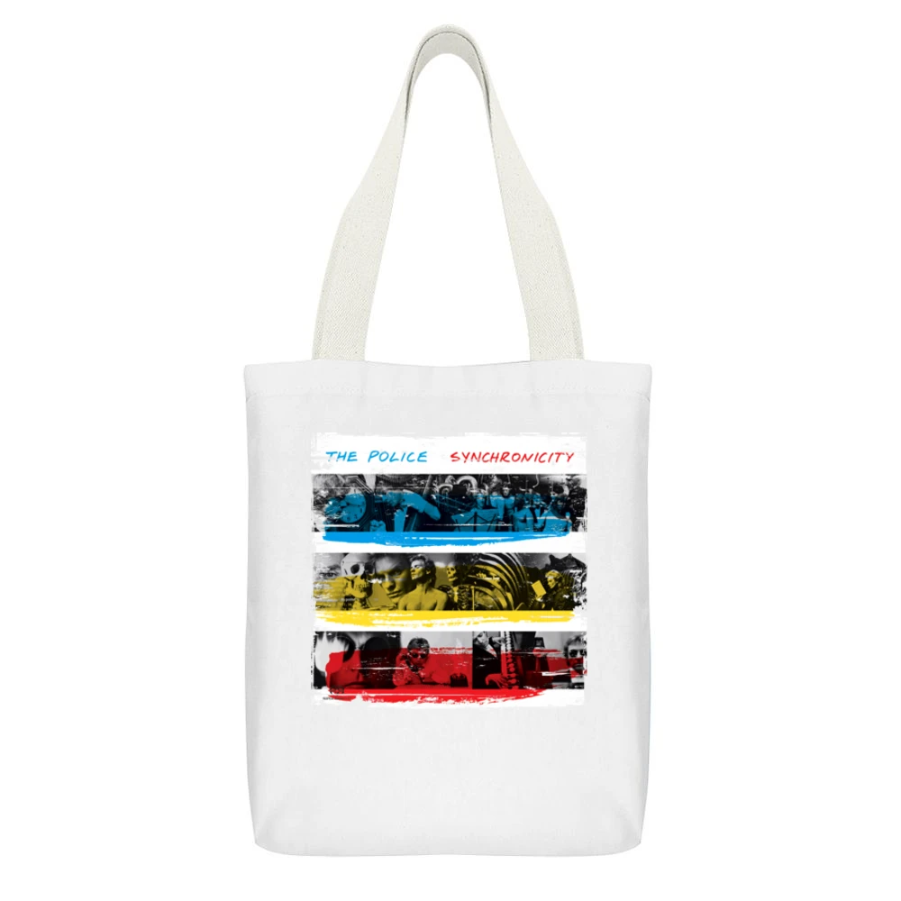 The Police Synchronicity Album Cover Distressed Image White Canvas Tote Shopping Bag With Interior Pocket