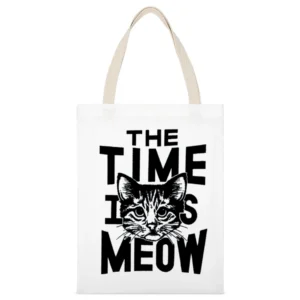 The Time Is Meow Funny Now Cat Lover Graphic White Canvas Tote Shopping Bag