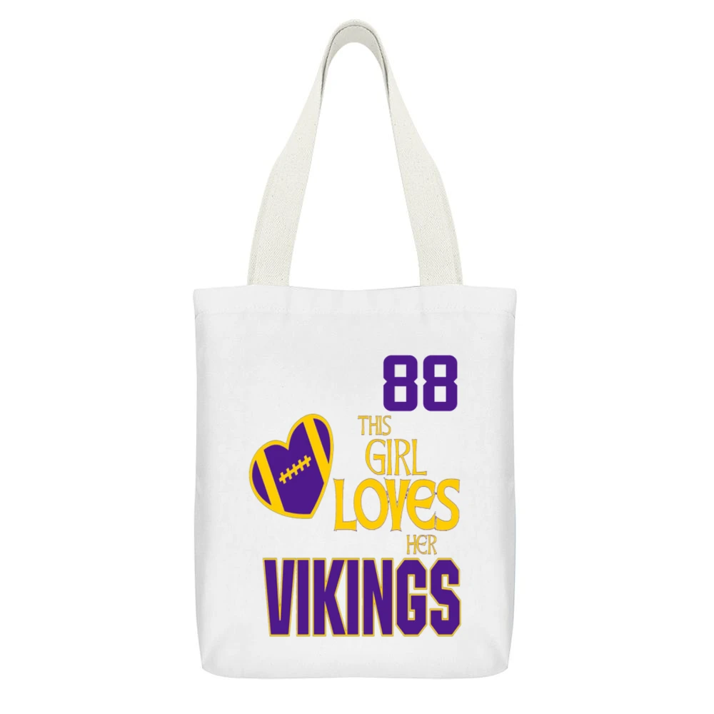 This Girl Loves Her Vikings 88 White Canvas Tote Shopping Bag With Interior Pocket