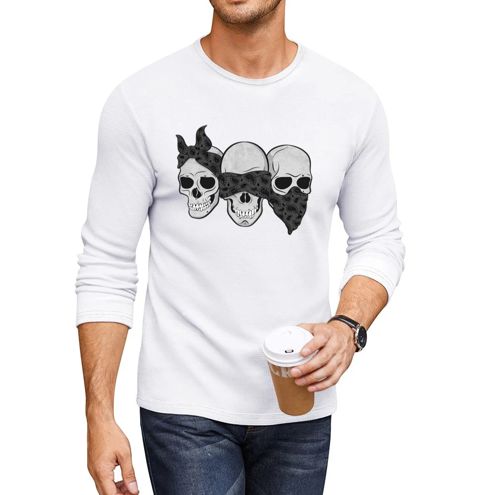Three Skulls Hear No Evil Fun Graphic Tee Shirt Men CrewNeck Long Sleeve T-Shirt