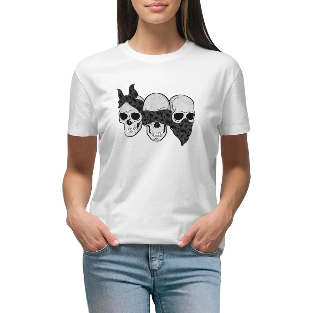 Three Skulls Hear No Evil Fun Graphic Tee Shirt Premium Women Ladies T-shirt