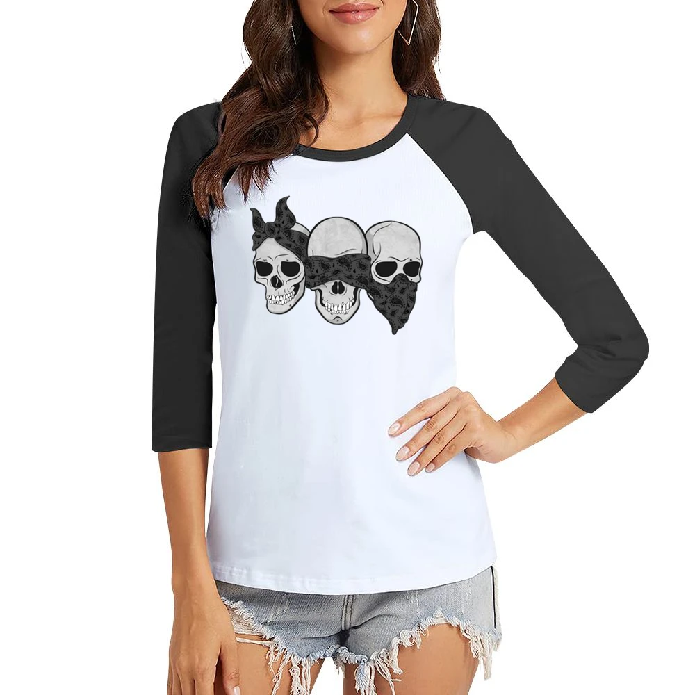 Three Skulls Hear No Evil Fun Graphic Tee Shirt Women Ladies 3-4 Sleeve T-Shirt