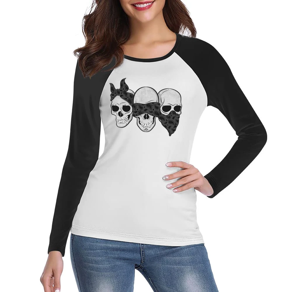 Three Skulls Hear No Evil Fun Graphic Tee Shirt Women Ladies Long Sleeve T-Shirt