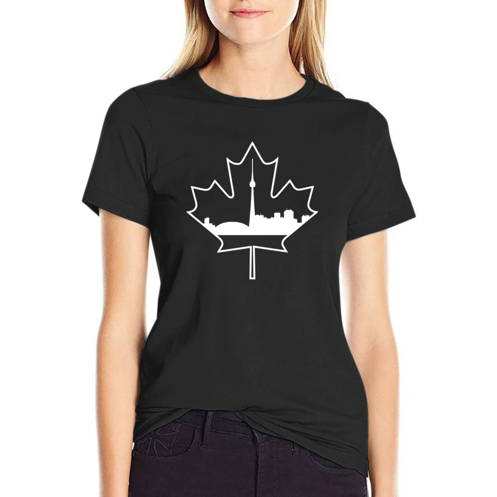 Toronto Skyline Silhouette In Maple Leaf Canadian US Size Women Ladies T-shirt