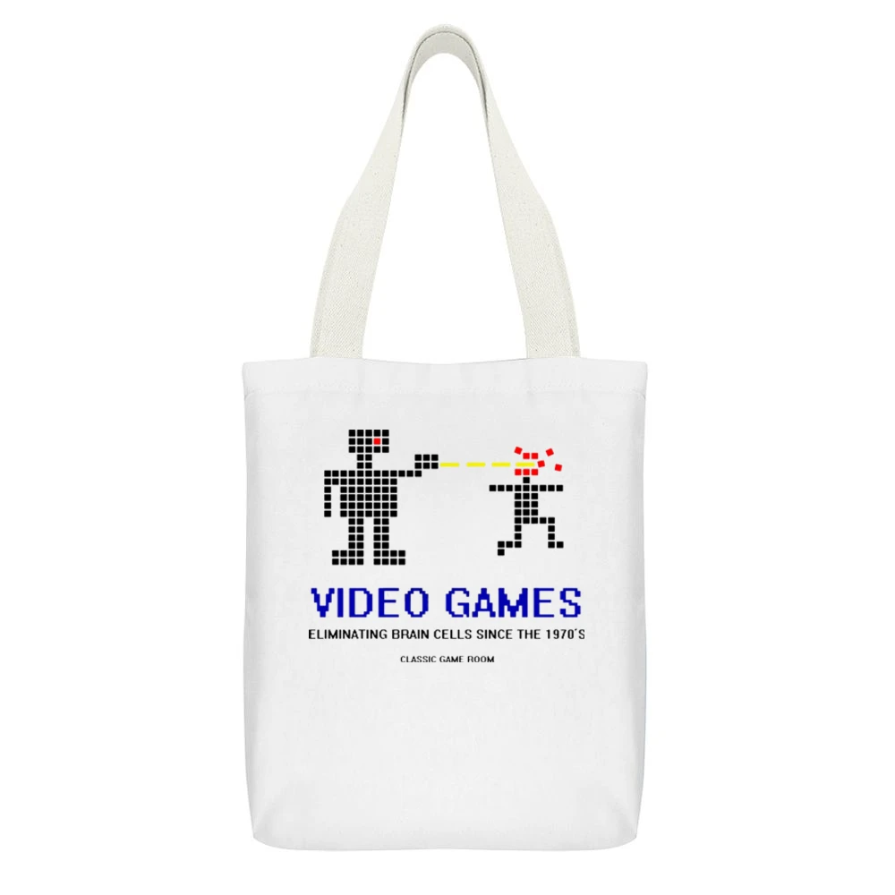 Video Games Eliminate Brain Cells Retro Funny White Canvas Tote Shopping Bag With Interior Pocket