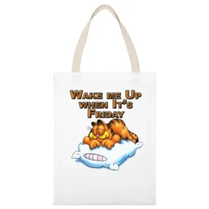 Wake Me Up When It's Friday Garfield Cartoon White Canvas Tote Shopping Bag