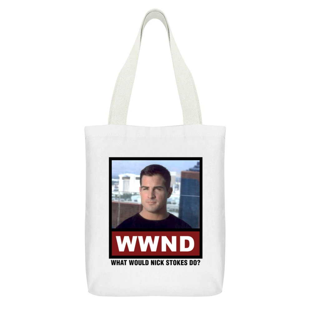 What Would Nick Stokes Do WWND CSI White Canvas Tote Shopping Bag With Interior Pocket