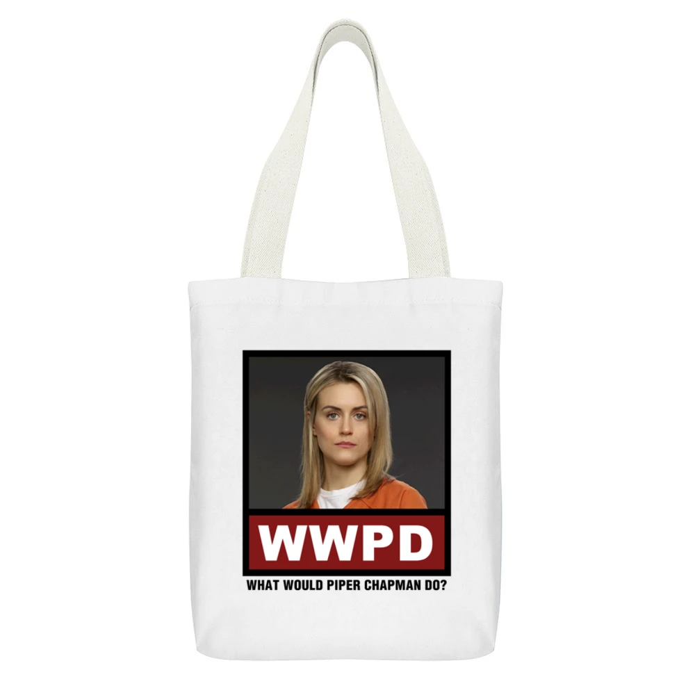 What Would Piper Chapman Do WWPD Orange is the New Black White Canvas Tote Shopping Bag With Interior Pocket