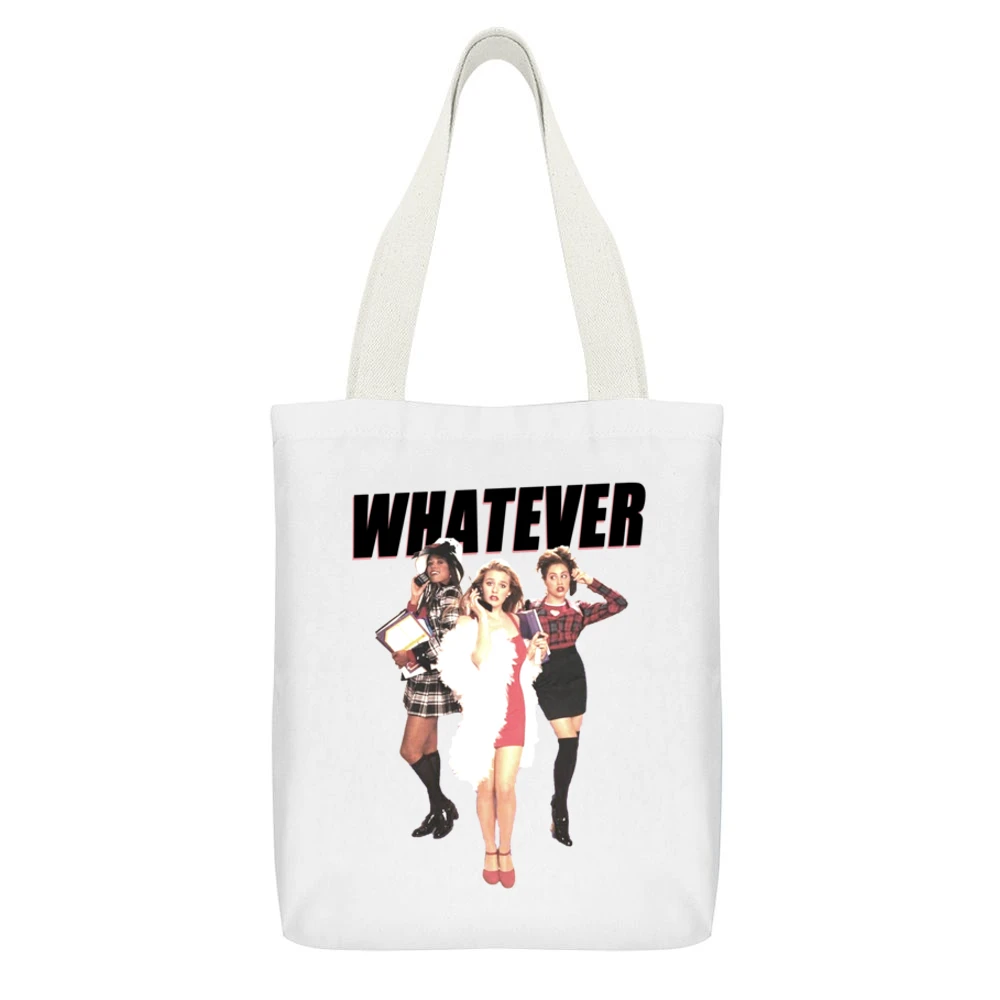Whatever Clueless Popular Movie Tee Shirt White Canvas Tote Shopping Bag With Interior Pocket