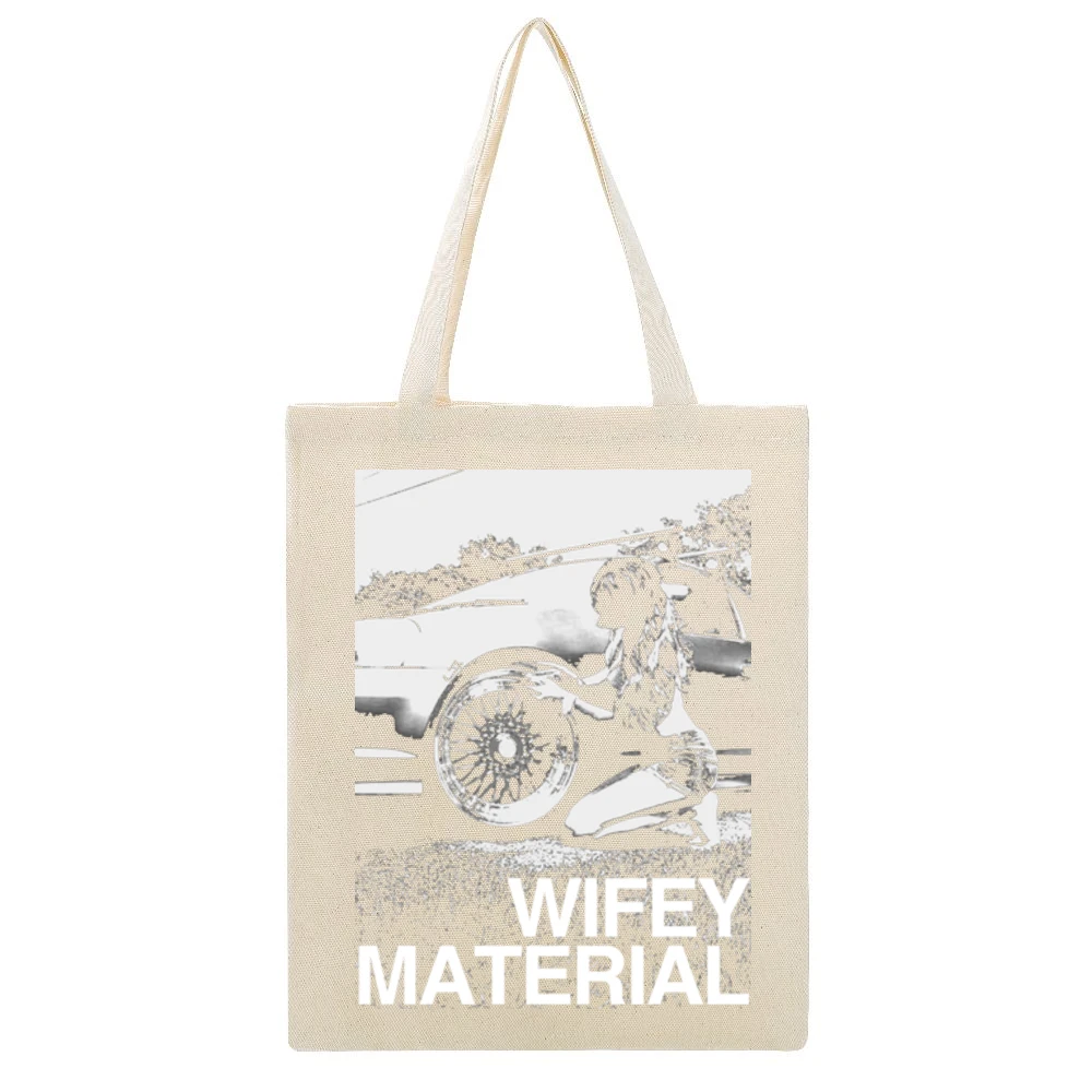 Wifey Material Sexy Car Girl Funny Graphic Tee Shirt Beige Canvas Tote Shopping Bag