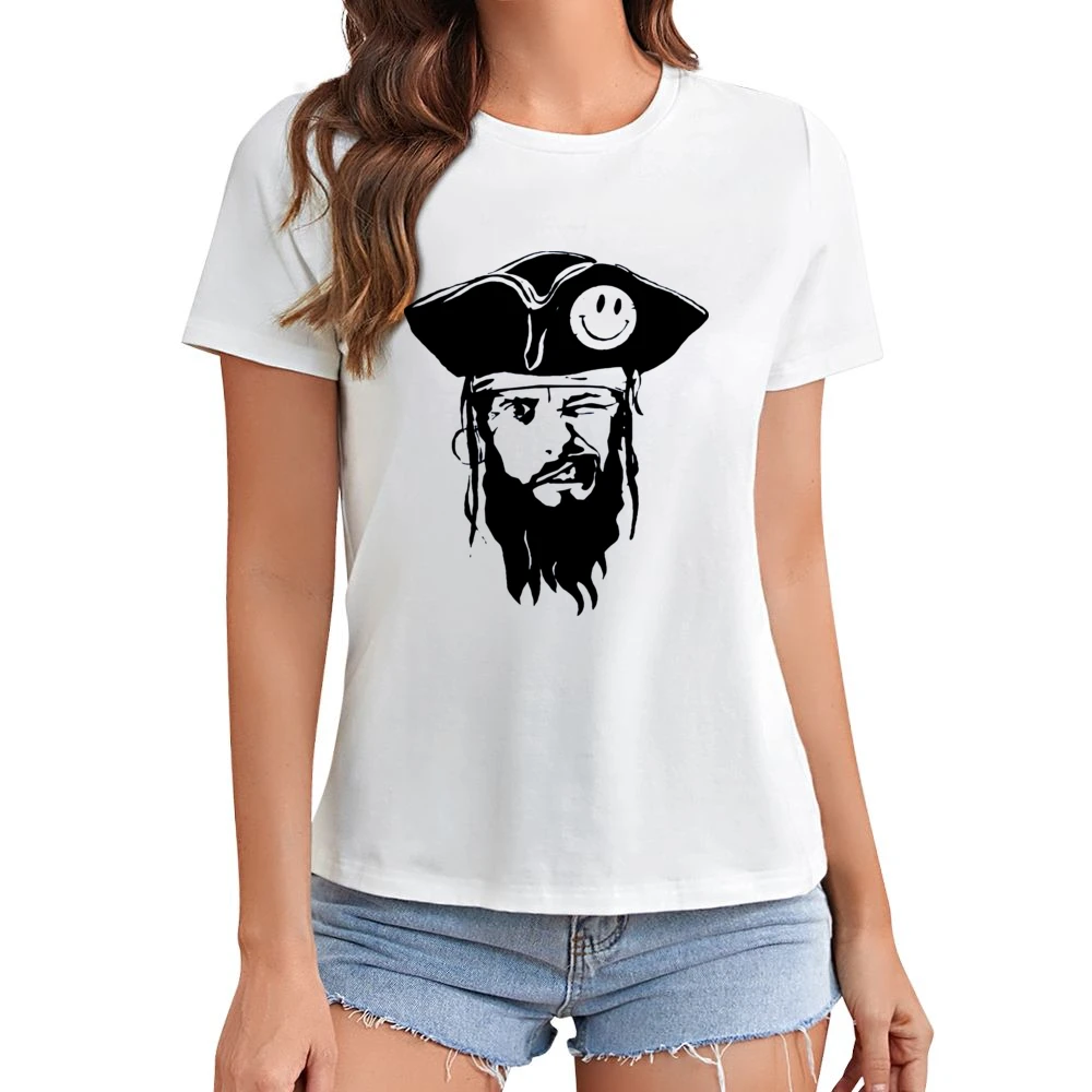 funny captain pirate with smiley hat and blinked eye Asian Size Women Ladies T-shirt