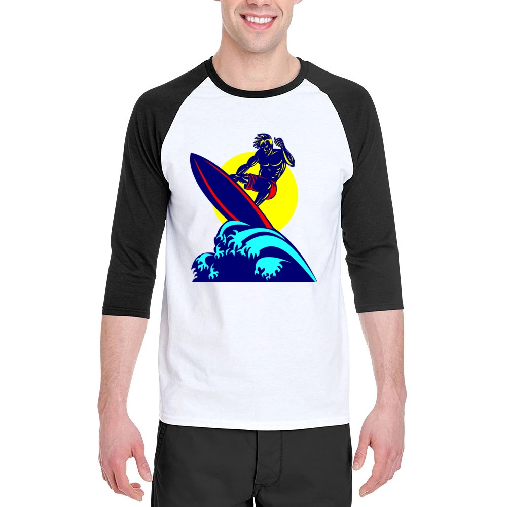 mucle guy with surf riding wave ocean beach surfing under the sun T Sh Men 3/4 Sleeve T-Shirt