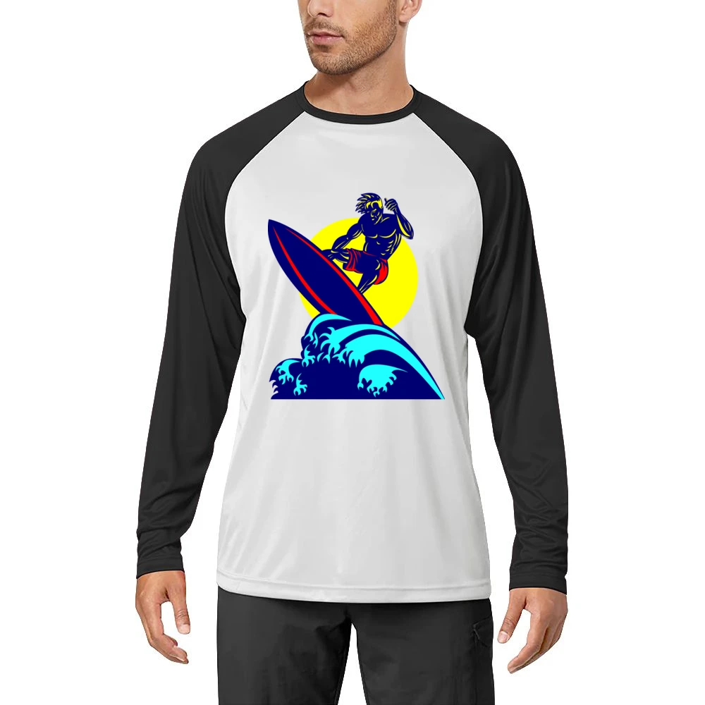 mucle guy with surf riding wave ocean beach surfing under the sun T Sh Men Long Sleeve T-Shirt
