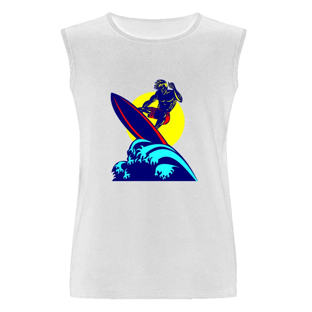 mucle guy with surf riding wave ocean beach surfing under the sun T Sh Men Sleeveless T-Shirt
