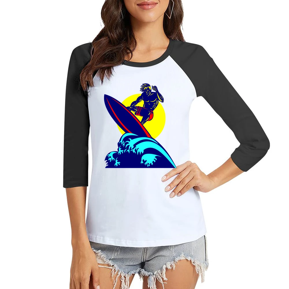 mucle guy with surf riding wave ocean beach surfing under the sun T Sh Women Ladies 3-4 Sleeve T-Shirt